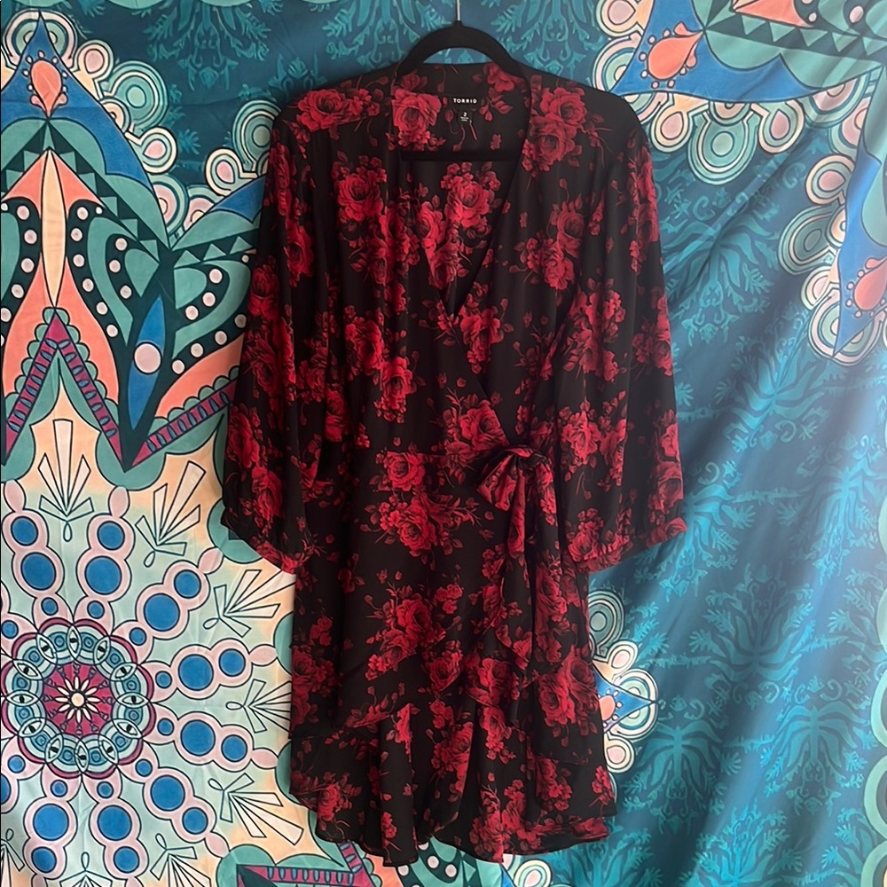 Torrid Red and Black Flutter Sleeve Wrap Hi Lo Blouse